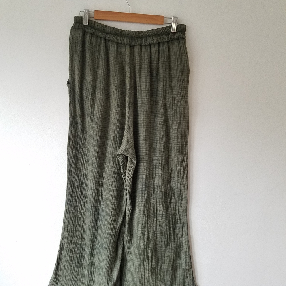 Camille & Co Gauzy Cotton Green Burn Out Ruffle Hem Wide Leg Pants XL - Picture 5 of 12